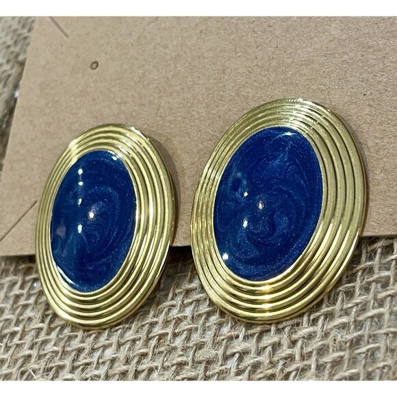 Goldtone Vintage Clip On Earrings Enamel Large Statement Oval Pinup Rockabilly - Picture 2 of 7